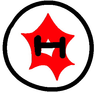 A white circle with a spikey red shape in the middle, and two close points with a line connecting them.